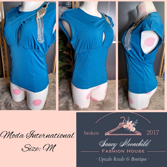 DEADSTOCK • Moda International • Vintage 90s Beaded Keyhole Stretch Blouse [M] - Picture 1 of 16